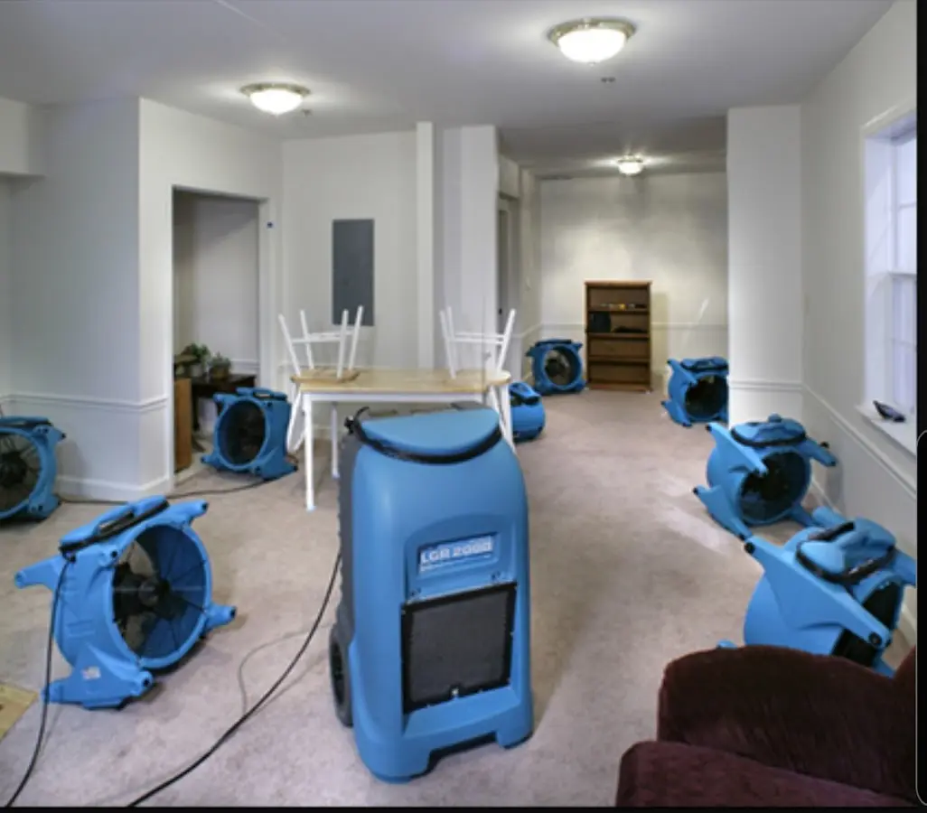 Air movers and dehumidifier setup for Water Damage Restoration in San Marino